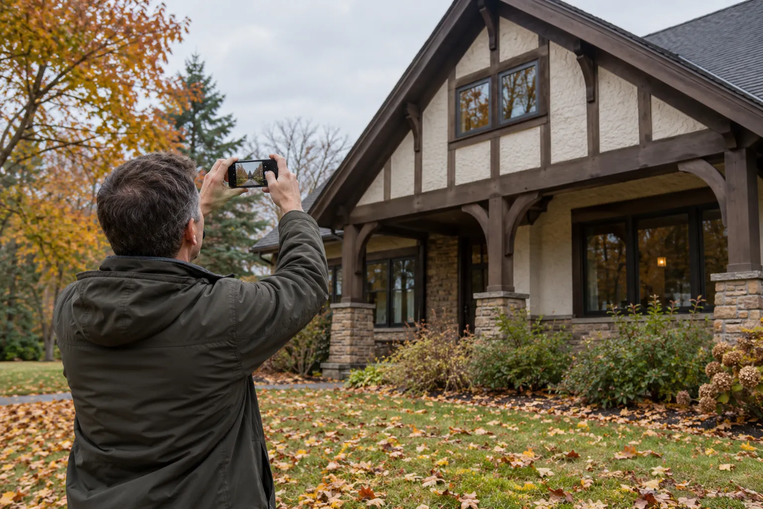 Homeowner taking photos of a roof from the yard in the Garrettsville area